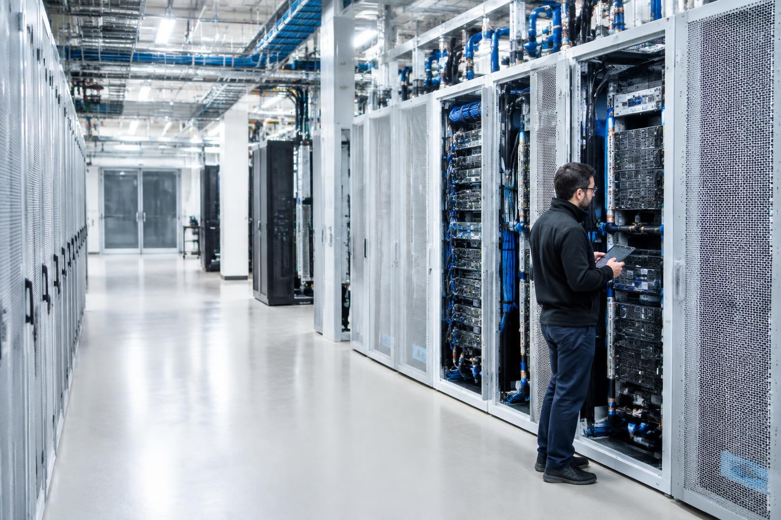 Illustrative engineer inspecting GPU infrastructure and cooling systems