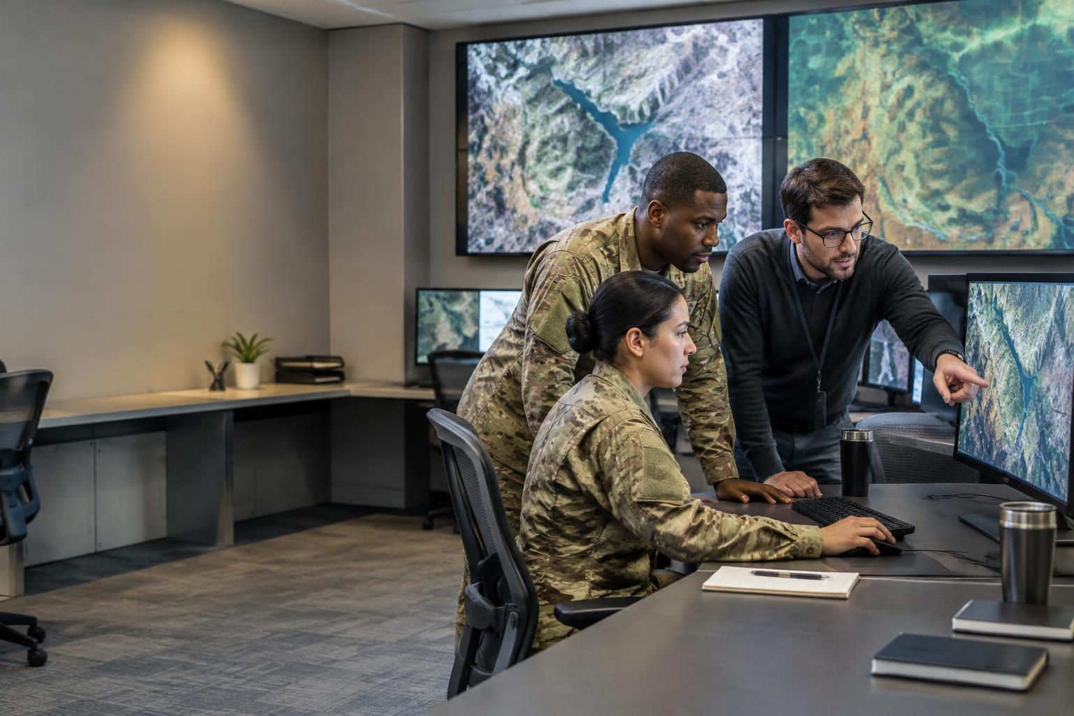 Illustrative military and civilian analysts collaborating on geospatial mission information